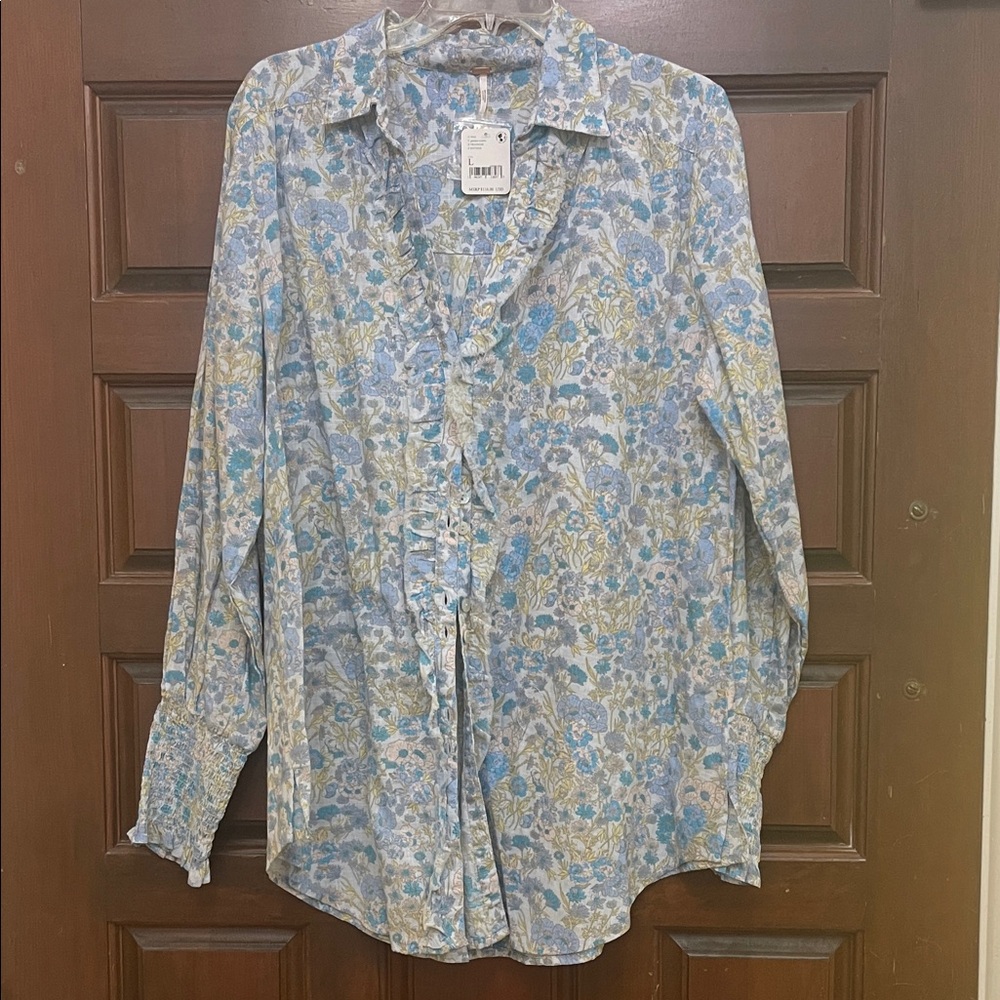 Free People Floral Button-Up Blouse with ruffles
